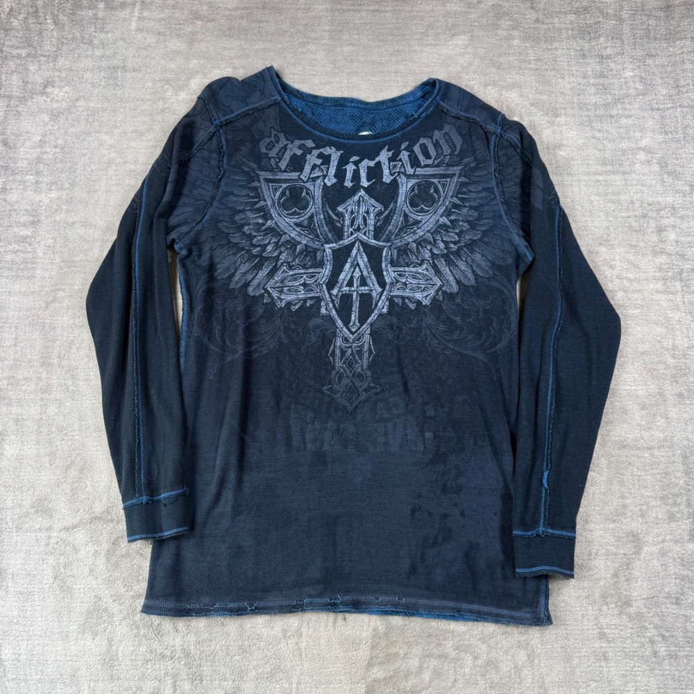 Affliction Shirt Mens XL Blue Reversible Thermal Waffle Knit American Customs